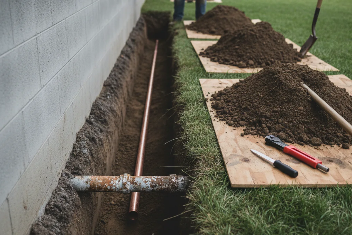 Excavated water line trench during Sewer Line Repair in Vandiver